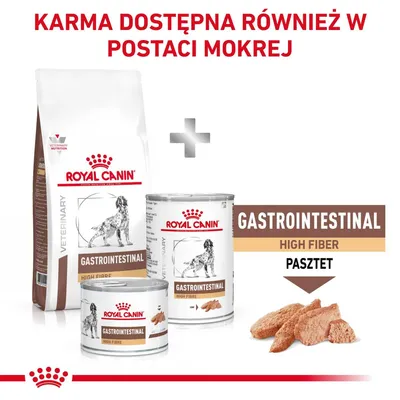 Royal Canin Gastrointestinal High Fiber karma sucha i mokra, widoczne opakowanie suchej karmy oraz puszki z pasztetem. Tekst: GASTROINTESTINAL HIGH FIBER PASZTET.