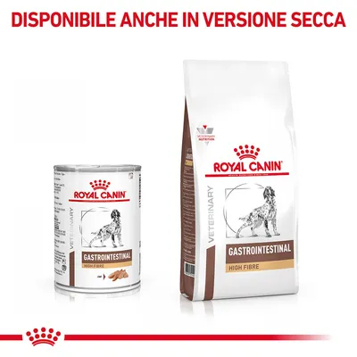Royal Canin Gastrointestinal High Fibre, lattina e sacco con cane illustrato. Testo in alto: Disponibile anche in versione secca.