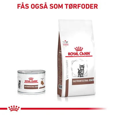 Royal Canin Gastrointestinal Kitten dåse og pose. Tekst øverst: Fås også som tørfoder. Begge produkter viser billede af en killing og teksten VETERINARY NUTRITION.