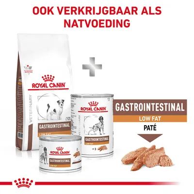 Royal Canin Gastrointestinal Low Fat hondenvoer, droog- en natvoeding. Tekst: Ook verkrijgbaar als natvoeding, Gastrointestinal Low Fat Paté.