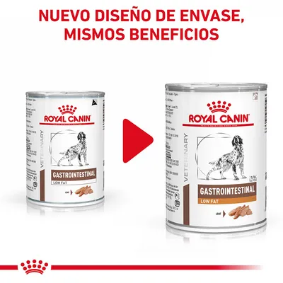 Dos latas de Royal Canin Gastrointestinal Low Fat para perros, antes y después del cambio de diseño de envase. Texto: 'Nuevo diseño de envase, mismos beneficios'.