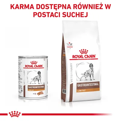 Royal Canin Gastrointestinal Low Fat – karma mokra i sucha dla psów. Widoczne opakowania: puszka i worek. Tekst: KARMA DOSTĘPNA RÓWNIEŻ W POSTACI SUCHEJ.