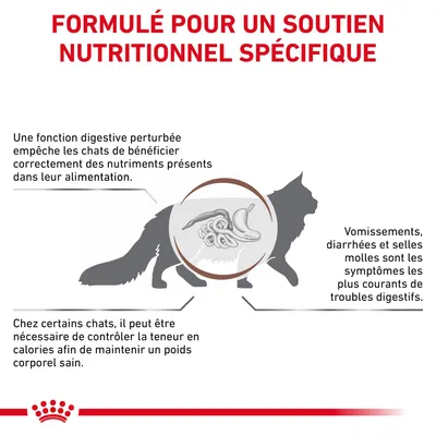 Formulé pour un soutien nutritionnel spécifique. Fonction digestive perturbée, symptômes digestifs courants : vomissements, diarrhées, selles molles. Contrôle des calories parfois nécessaire.
