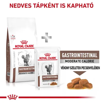 Royal Canin Gastrointestinal Moderate Calorie macskaeledel, száraz és nedves változat, vékony szeletek pecsenyelében. Felirat: Nedves tápként is kapható.
