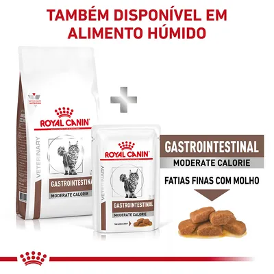Royal Canin Gastrointestinal Moderate Calorie para gatos, disponível em seco e húmido. Texto visível: 'TAMBÉM DISPONÍVEL EM ALIMENTO HÚMIDO', 'FATIAS FINAS COM MOLHO'.
