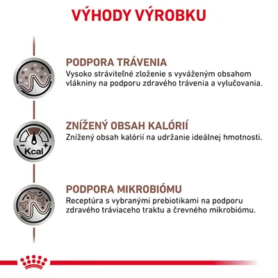 Výhody výrobku: podpora trávenia, znížený obsah kalórií, podpora mikrobiómu. Text o vysoko stráviteľnom zložení, vláknine, prebiotikách a udržiavaní ideálnej hmotnosti.