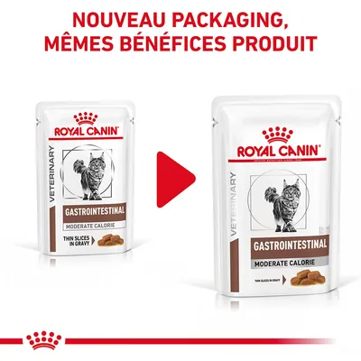 NOUVEAU PACKAGING, MÊMES BÉNÉFICES PRODUIT. Deux sachets Royal Canin Veterinary Gastrointestinal Moderate Calorie Thin Slices in Gravy pour chat, ancien et nouveau design.