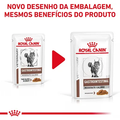 Royal Canin Gastrointestinal Moderate Calorie para gatos, novo desenho da embalagem apresentado ao lado da anterior. Texto: Novo desenho da embalagem, mesmos benefícios do produto.