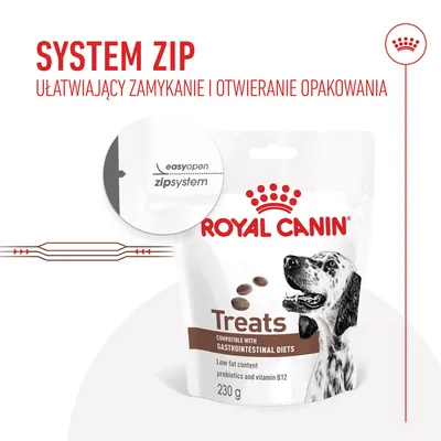Royal Canin Treats 230 g, system zip ułatwiający zamykanie i otwieranie opakowania, napis easy open zipsystem na powiększeniu zamknięcia.
