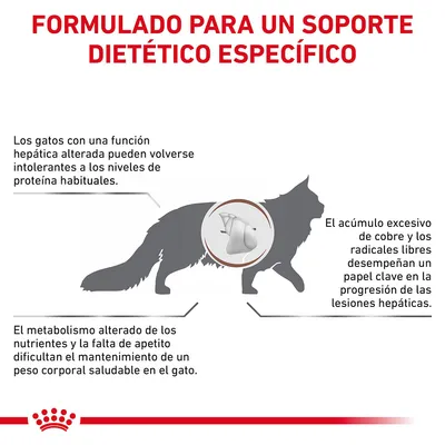 Formulado para un soporte dietético específico. Los gatos con función hepática alterada pueden ser intolerantes a la proteína. El cobre y radicales libres afectan lesiones hepáticas. Metabolismo alterado dificulta peso saludable.