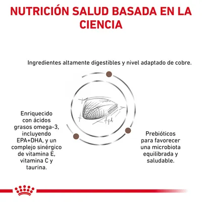 NUTRICIÓN SALUD BASADA EN LA CIENCIA. Ingredientes altamente digestibles, nivel adaptado de cobre, omega-3 EPA+DHA, vitaminas E y C, taurina y prebióticos para microbiota equilibrada.