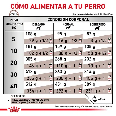 Tabla de alimentación para perros según peso (5–40 kg) y condición corporal (delgado, normal, sobrepeso), con cantidades diarias en gramos y opción de mezcla con paté HEPATIC. Agua recomendada.