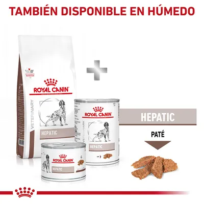 Royal Canin Veterinary HEPATIC disponible en seco y húmedo. Imagen de saco y latas con paté, texto: 'TAMBIÉN DISPONIBLE EN HÚMEDO', 'HEPATIC', 'PATÉ'.