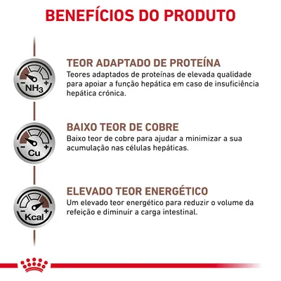 Benefícios do produto: teor adaptado de proteína, baixo teor de cobre, elevado teor energético. Texto explicativo sobre cada benefício visível na imagem.