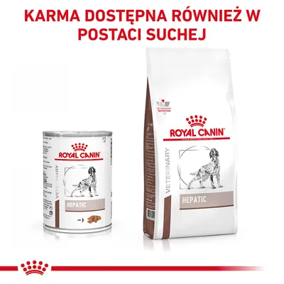 ROYAL CANIN HEPATIC – karma mokra i sucha dla psów, opakowania z widocznym napisem VETERINARY. Tekst: KARMA DOSTĘPNA RÓWNIEŻ W POSTACI SUCHEJ.