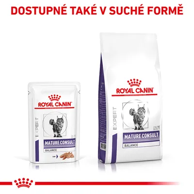 ROYAL CANIN EXPERT MATURE CONSULT BALANCE pre mačky, mokré a suché balenie. Text hore: DOSTUPNÉ TAKÉ V SUCHÉ FORMĚ (česky).