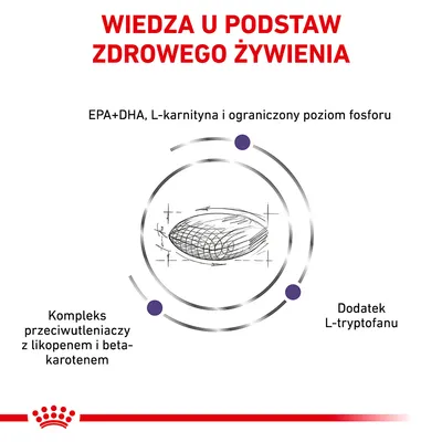 Wiedza u podstaw zdrowego żywienia. EPA+DHA, L-karnityna, ograniczony poziom fosforu, kompleks przeciwutleniaczy z likopenem i beta-karotenem, dodatek L-tryptofanu.