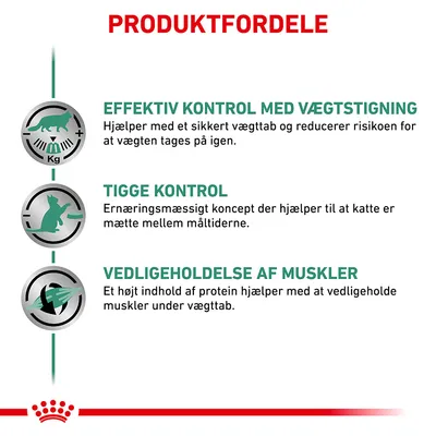 PRODUKTFORDELE: Effektiv kontrol med vægtstigning, tigge kontrol og vedligeholdelse af muskler. Beskrivelser om vægttab, mæthed og proteinindhold til katte.