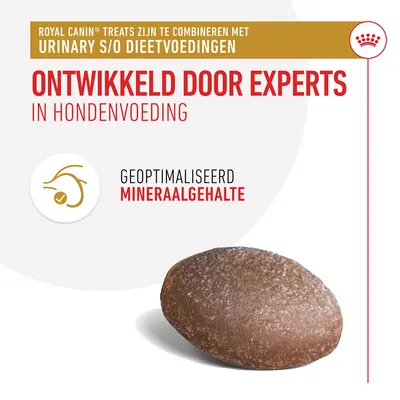 Royal Canin Treats, te combineren met Urinary S/O dieetvoedingen. Ontwikkeld door experts in hondenvoeding. Geoptimaliseerd mineraalgehalte.