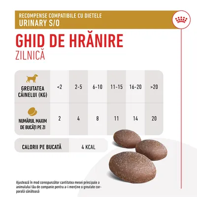 Ghid de hrănire zilnică recompense Urinary S/O: greutatea câinelui sub 2 kg – 2 bucăți, 2–5 kg – 4, 6–10 kg – 8, 11–15 kg – 11, 16–20 kg – 14, peste 20 kg – 20. 4 kcal/bucată.