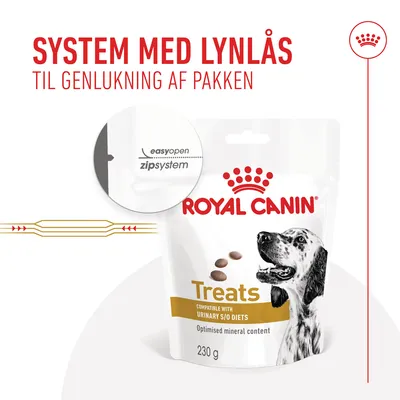 Royal Canin Treats 230 g med lynlåslukning. Tekst: SYSTEM MED LYNLÅS TIL GENLUKNING AF PAKKEN, easyopen zipsystem, compatible with urinary S/O diets, optimised mineral content.