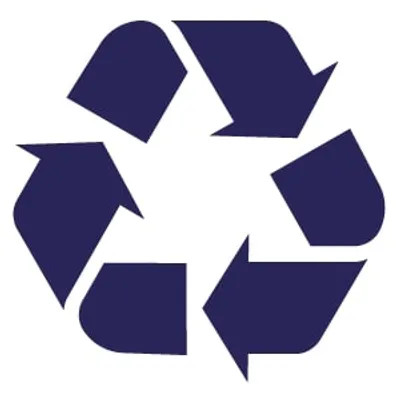 Recycling symbol with three navy arrows forming a triangle