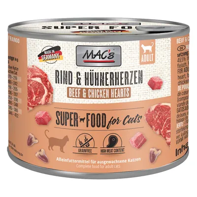 MAC's Beef & Chicken Hearts, superfood for cats, grain-free, high meat content, complete food for adult cats, Made in Germany.