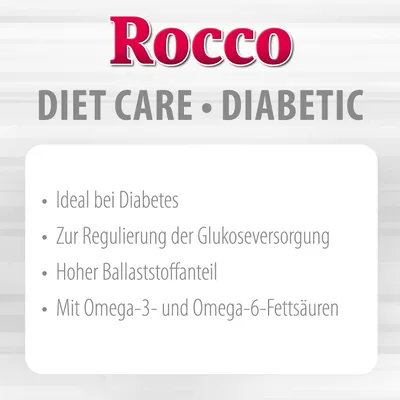 Rocco DIET CARE DIABETIC. Texte en allemand : Ideal bei Diabetes, Zur Regulierung der Glukoseversorgung, Hoher Ballaststoffanteil, Mit Omega-3- und Omega-6-Fettsäuren.