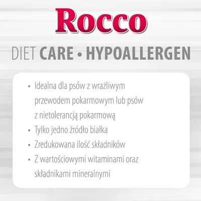 Rocco DIET CARE HYPOALLERGEN. Idealna dla psów z wrażliwym przewodem pokarmowym lub nietolerancją pokarmową, jedno źródło białka, zredukowana ilość składników, witaminy i minerały.
