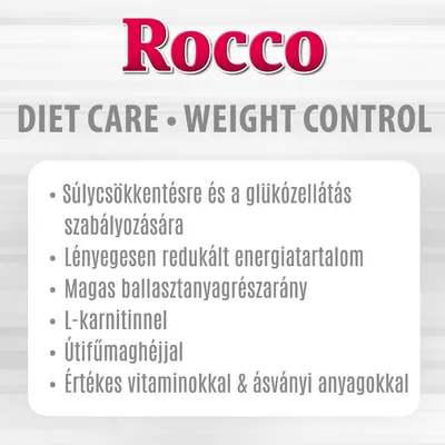 Rocco DIET CARE WEIGHT CONTROL. Súlycsökkentés, glükózellátás szabályozása, csökkent energiatartalom, magas rost, L-karnitin, útifűmaghéj, vitaminok és ásványi anyagok.