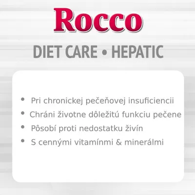 Rocco DIET CARE HEPATIC: Pri chronickej pečeňovej insuficiencii, chráni funkciu pečene, pôsobí proti nedostatku živín, s vitamínmi a minerálmi.
