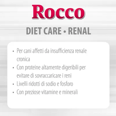 Rocco Diet Care Renal: per cani affetti da insufficienza renale cronica, proteine altamente digeribili, livelli ridotti di sodio e fosforo, con preziose vitamine e minerali.