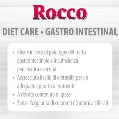 Rocco Diet Care Gastro Intestinal: ideale per patologie gastrointestinali o insufficienza pancreatica, elettroliti aumentati, pochi grassi, senza coloranti né aromi artificiali.