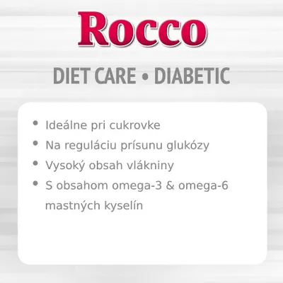 Rocco DIET CARE DIABETIC: Ideálne pri cukrovke, na reguláciu prísunu glukózy, vysoký obsah vlákniny, s obsahom omega-3 a omega-6 mastných kyselín.