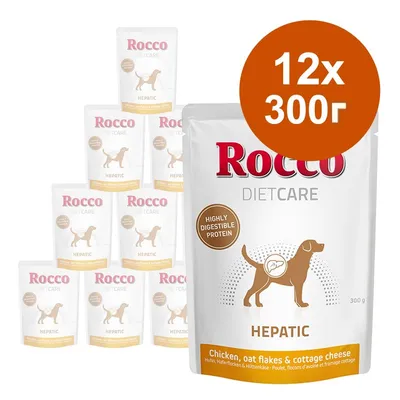 Пакетчета Rocco Diet Care Hepatic, 12 x 300 г. Видими надписи: Highly digestible protein, Chicken, oat flakes & cottage cheese.