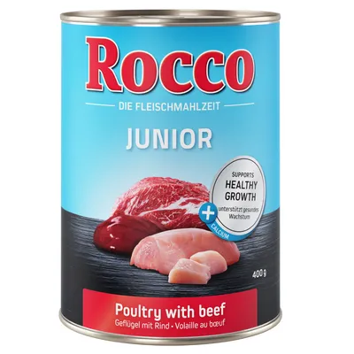 Rocco Junior, pollame con manzo, supporta la crescita sana, con calcio, lattina da 400g.
