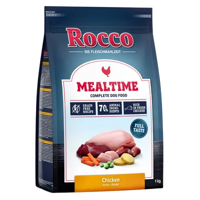Rocco Mealtime teljes értékű kutyaeledel, csirke, 1 kg. Gabonamentes receptúra, 70% állati összetevő, friss csirkében gazdag, intenzív íz.