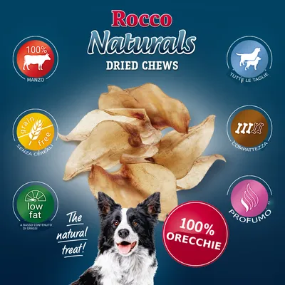 Rocco Naturals Dried Chews, 100% orecchie di manzo, senza cereali, low fat, per tutte le taglie, compattezza, profumo. Testo in inglese e italiano visibile sull'immagine.