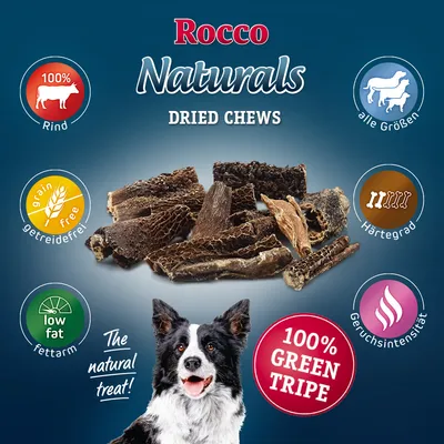 Rocco Naturals Dried Chews, 100 % Rind, 100 % Green Tripe, grain free, low fat, pour toutes tailles de chiens. Texte en anglais et allemand visible sur l’image.