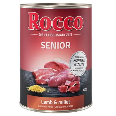 Консерва Rocco SENIOR, 400 г, видны куски мяса и пшено, надпись: Lamb & millet. Этикетка: Supporting Power & Vitality. Текст на немецком и английском языках.