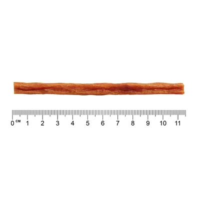 Štapić za žvakanje smeđe boje, duljine oko 12 cm, prikazan iznad ravnala s oznakama u centimetrima od 0 do 12.