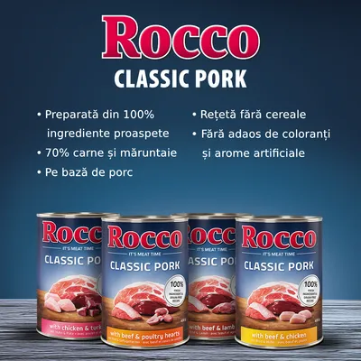 Rocco Classic Pork: preparată din 100% ingrediente proaspete, 70% carne și măruntaie, pe bază de porc, rețetă fără cereale, fără adaos de coloranți și arome artificiale. Cutii vizibile în imagine.