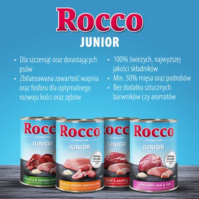 Rocco Junior – dla szczeniąt i młodych psów, min. 50% mięsa i podrobów, bez sztucznych barwników i aromatów, zbilansowany wapń i fosfor, 100% świeże składniki. Widoczne 4 puszki.