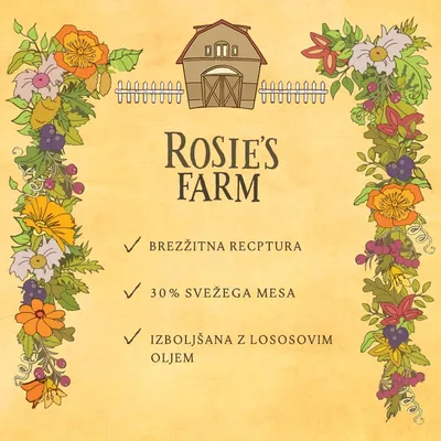 Rosie's Farm. Brezžitna receptura, 30 % svežega mesa, izboljšana z lososovim oljem.