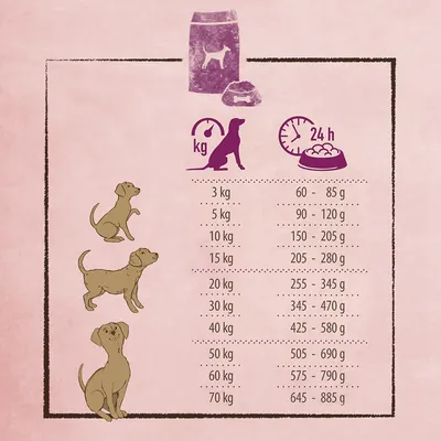 Fütterungsempfehlung für Hunde nach Gewicht: 3kg 60-85g, 5kg 90-120g, 10kg 150-205g, 15kg 205-280g, bis 70kg 645-885g täglich.