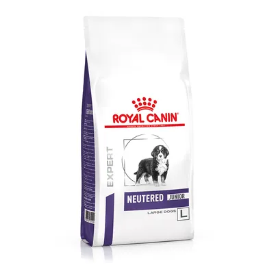 Sac de croquettes Royal Canin Expert Neutered Junior Large Dogs L, illustration d’un grand chien noir et blanc, texte visible : NEUTERED JUNIOR, LARGE DOGS, EXPERT.