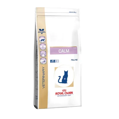 Royal Canin Veterinary Diet Calm Feline -kuivaruokapakkaus, näkyvissä tekstit CALM, FELINE, S/O INDEX sekä Royal Canin -logo ja kissan siluetti.