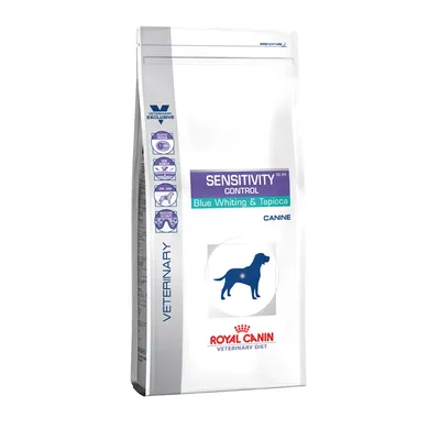 Royal Canin Veterinary Diet Sensitivity Control Canine, Blue Whiting & Tapioca. Speziell für Hunde mit empfindlicher Verdauung. Verpackung zeigt Hundesymbol und Produktdetails.
