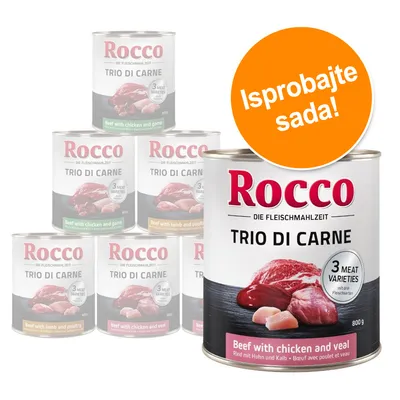 Rocco Trio di Carne konzervirana hrana za pse, 800 g, varijante: Beef with chicken and veal, Beef with chicken and game, Beef with lamb and poultry. Narančasta oznaka: Isprobajte sada!