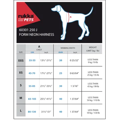 Maattabel voor Rukka Pets Form Neon Harness: maten XXS t/m L, borstomvang in cm en inch, bandbreedte in mm en inch, gewichtslimiet in kg en lb. Diagram toont meetpunt A op de hond.